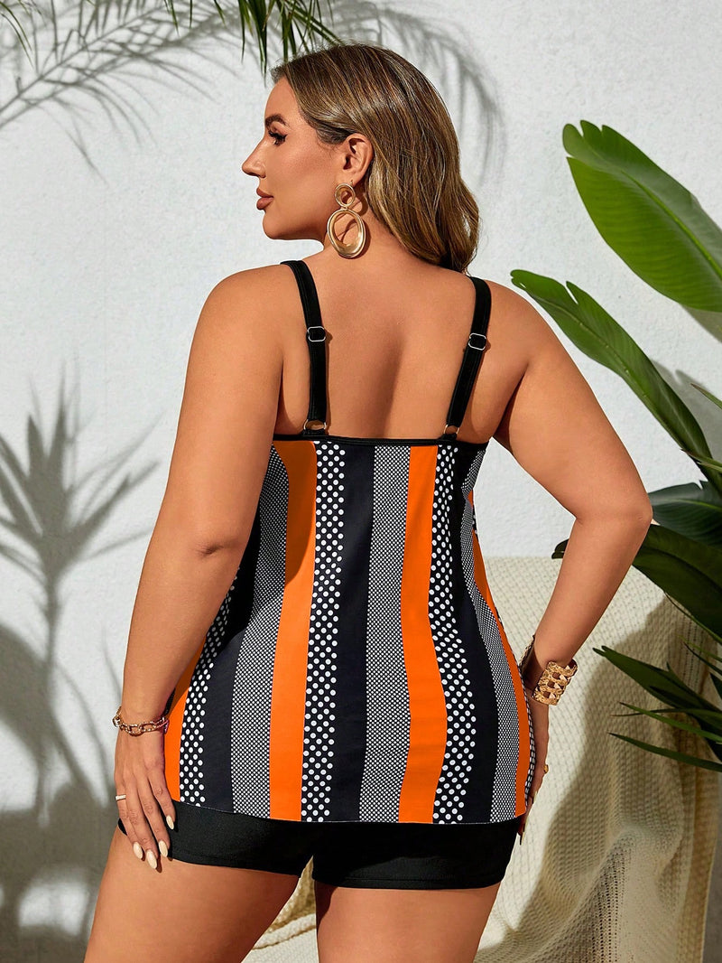 Tankini feminino com short e estampa listrada Ruby - Plus Size. FLASH