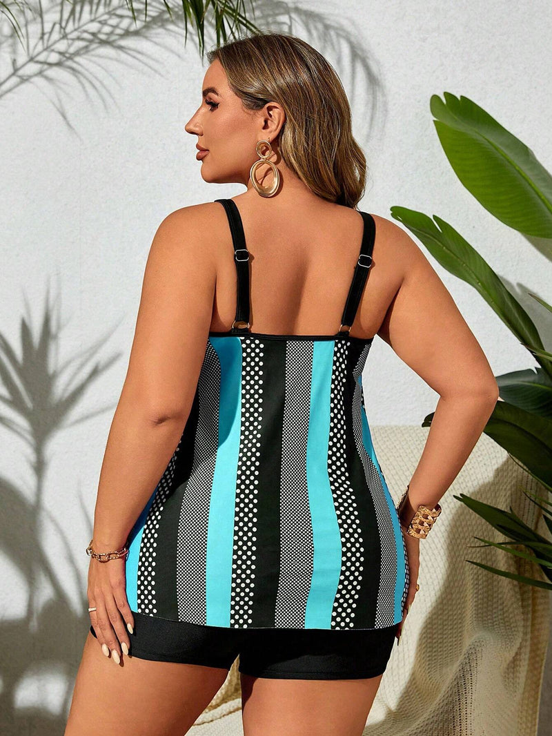 Tankini feminino com short e estampa listrada Ruby - Plus Size. FLASH