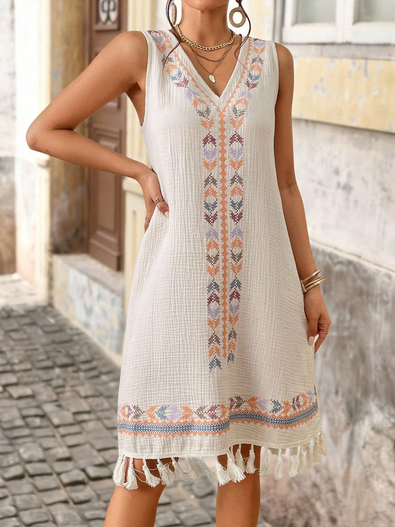 Vestido com Estampa Geométrica e Bainha de Borla - Meg