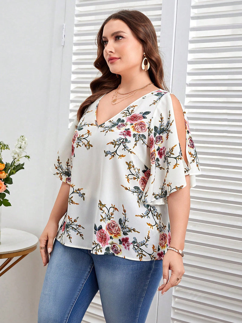 Blusa Feminina gola V, estampa floral Camelia Plus Size