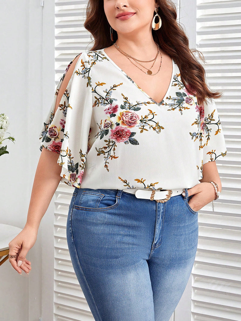 Blusa Feminina gola V, estampa floral Camelia Plus Size