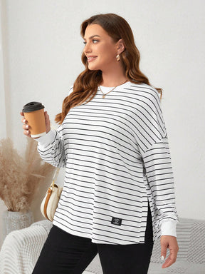 Blusa manga longa feminina listrada com gola redonda Emilia