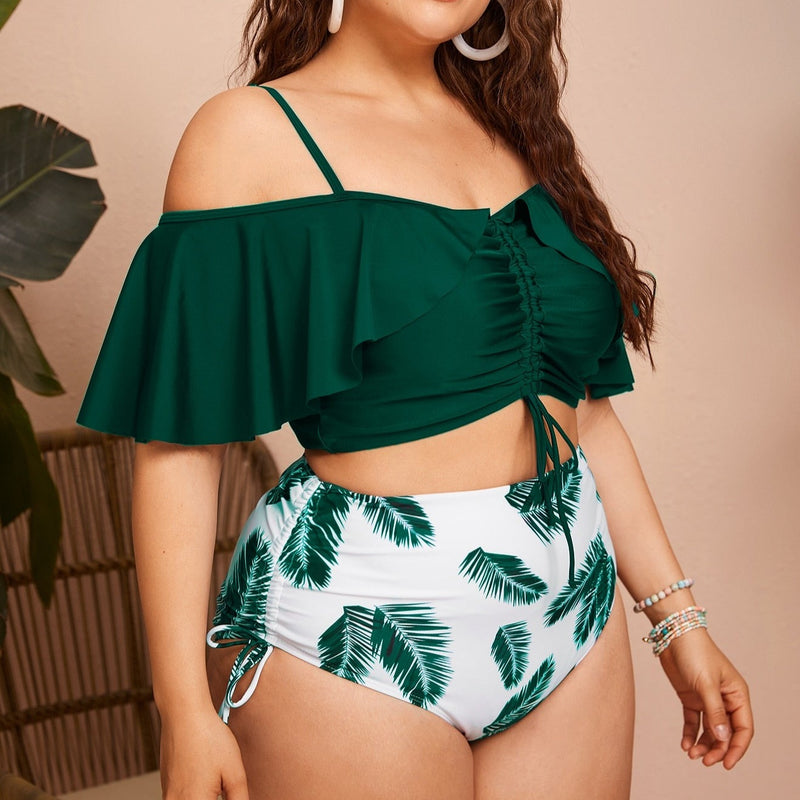 Biquini Feminino Plissado de Plantas Plus Size