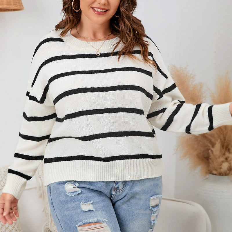 Blusa Feminina de Frio Listrada Gola Redonda Ombro Caido Plus Size